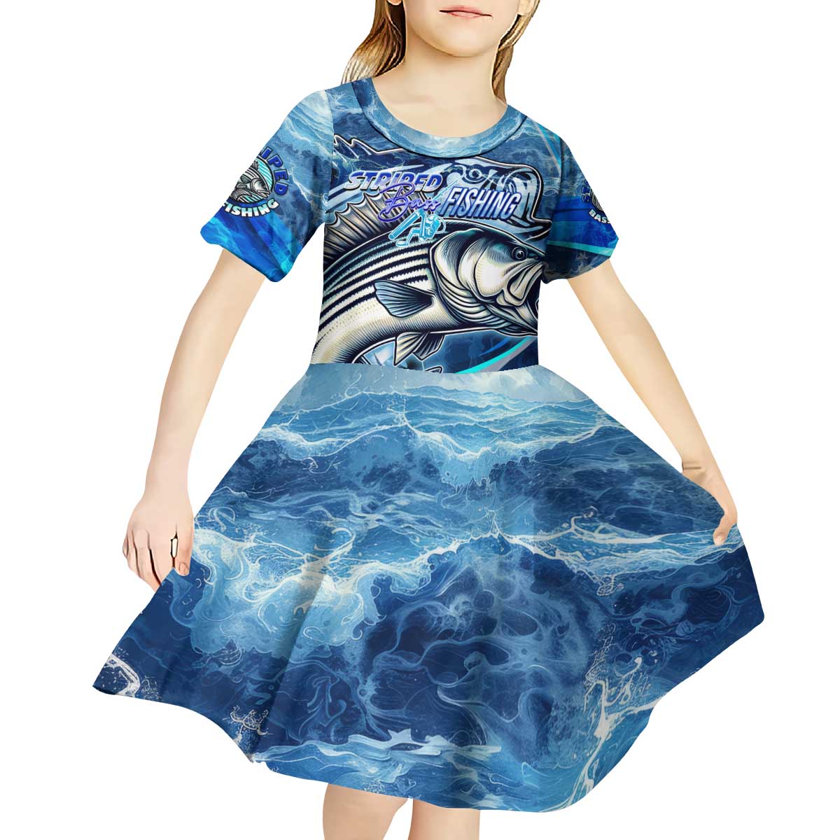 Striped Bass Fishing Kid Short Sleeve Dress Ocean Waves