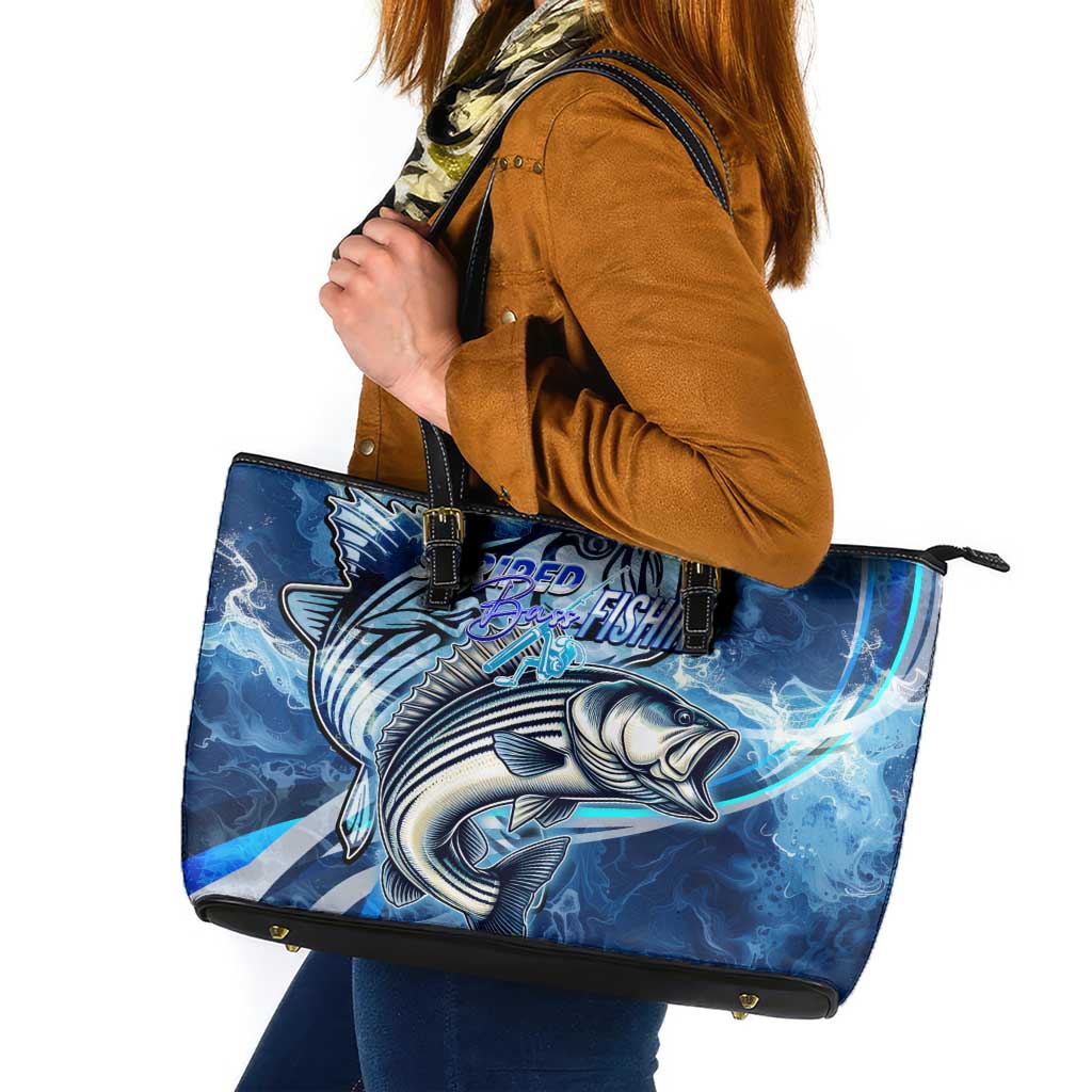 Striped Bass Fishing Leather Tote Bag Ocean Waves
