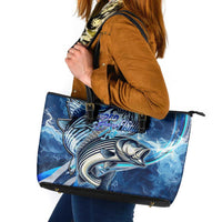 Striped Bass Fishing Leather Tote Bag Ocean Waves