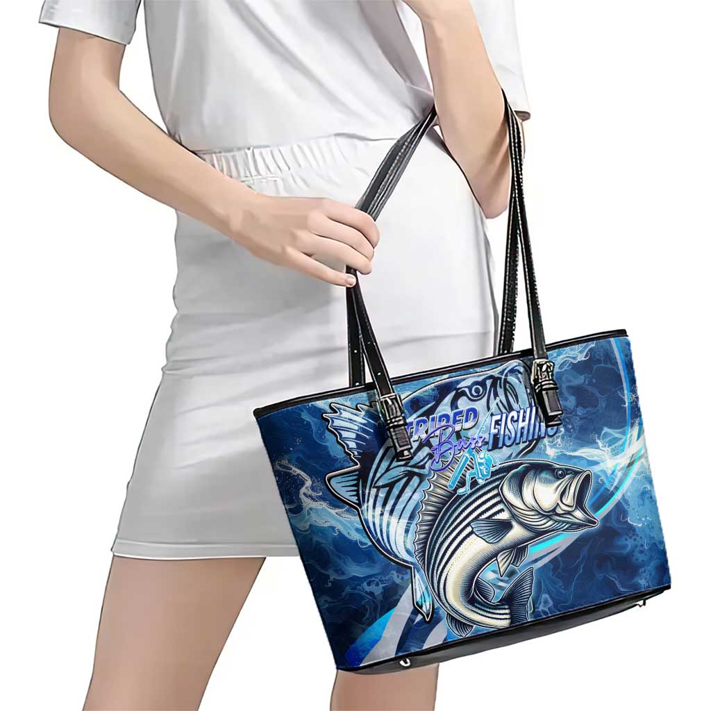 Striped Bass Fishing Leather Tote Bag Ocean Waves