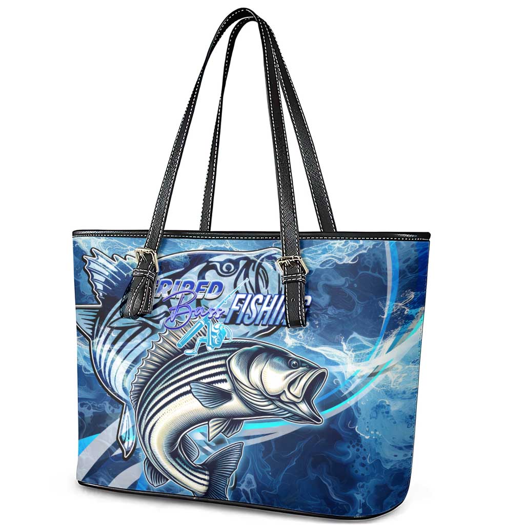 Striped Bass Fishing Leather Tote Bag Ocean Waves