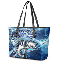 Striped Bass Fishing Leather Tote Bag Ocean Waves