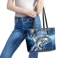Striped Bass Fishing Leather Tote Bag Ocean Waves