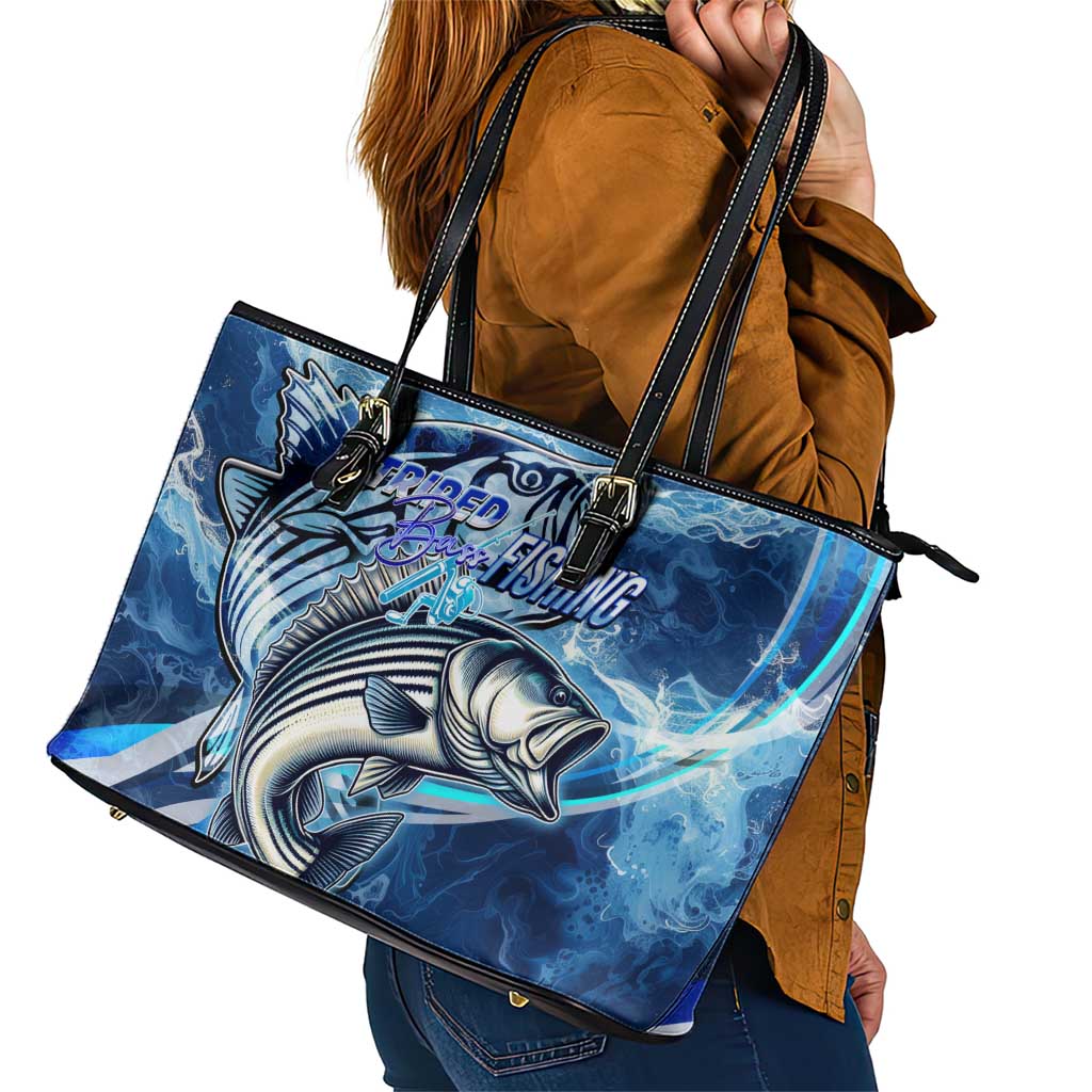 Striped Bass Fishing Leather Tote Bag Ocean Waves