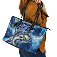 Striped Bass Fishing Leather Tote Bag Ocean Waves