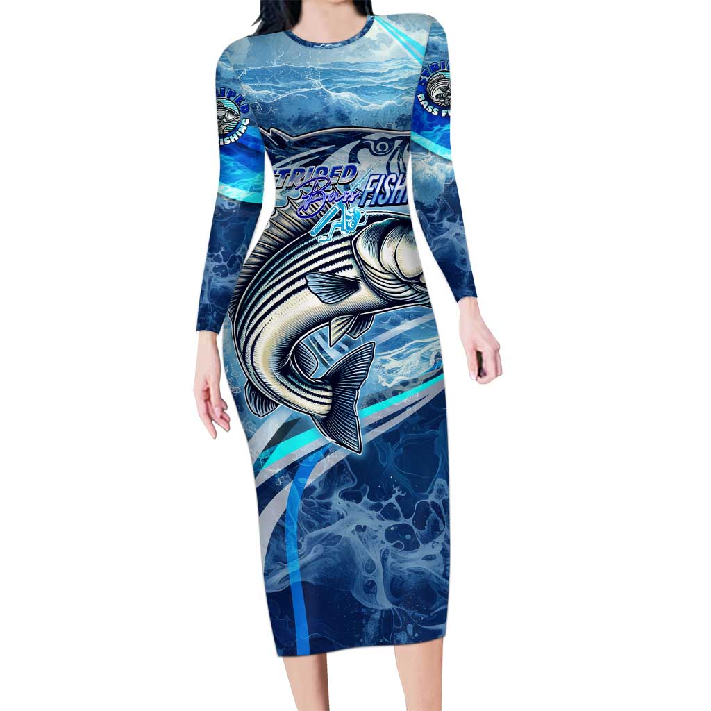 Striped Bass Fishing Long Sleeve Bodycon Dress Ocean Waves