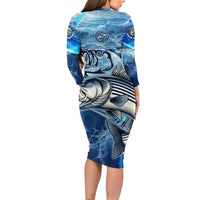 Striped Bass Fishing Long Sleeve Bodycon Dress Ocean Waves