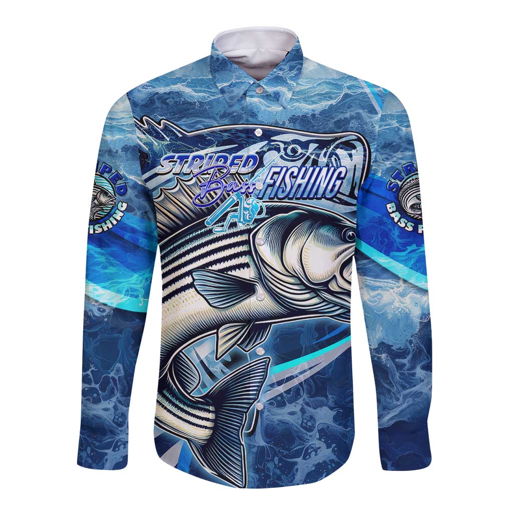 Striped Bass Fishing Long Sleeve Button Shirt Ocean Waves