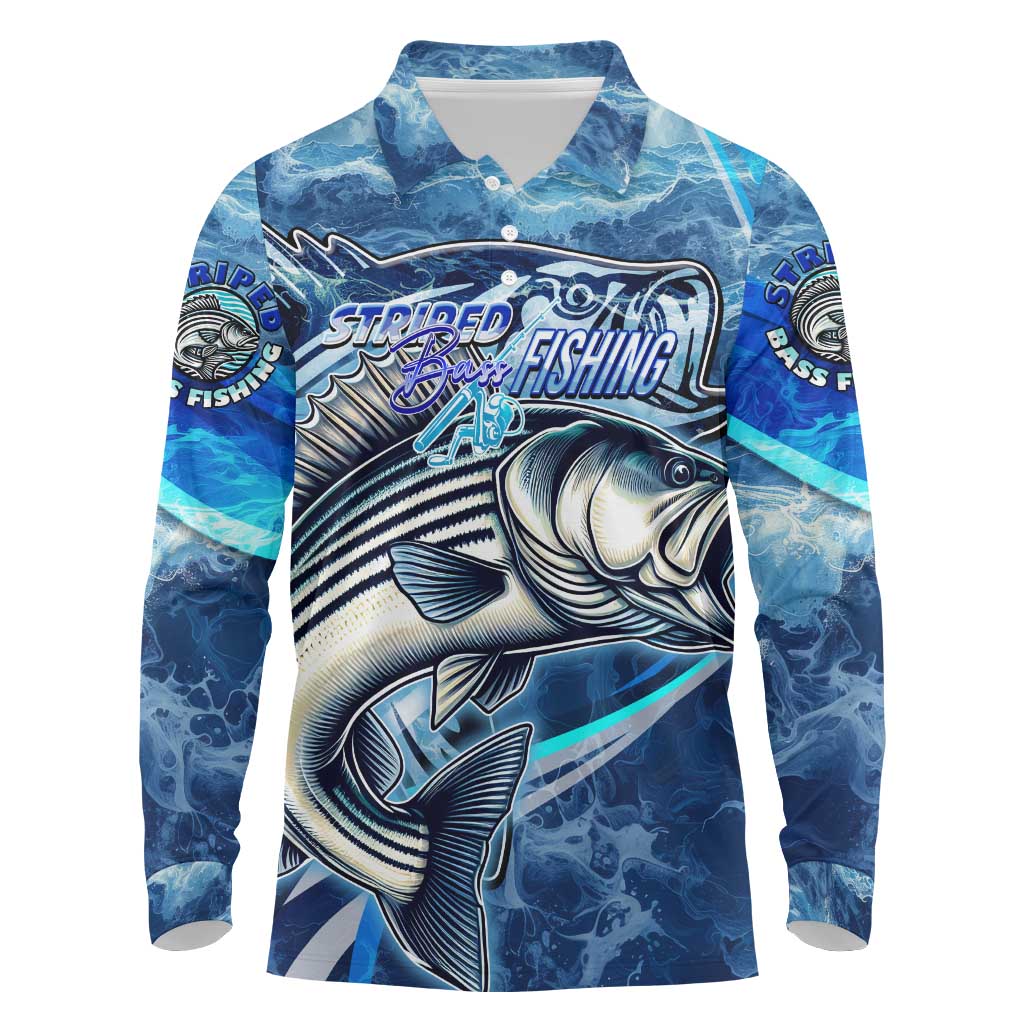 Striped Bass Fishing Long Sleeve Polo Shirt Ocean Waves