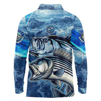 Striped Bass Fishing Long Sleeve Polo Shirt Ocean Waves