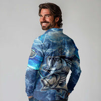 Striped Bass Fishing Long Sleeve Polo Shirt Ocean Waves