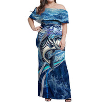 Striped Bass Fishing Off Shoulder Maxi Dress Ocean Waves
