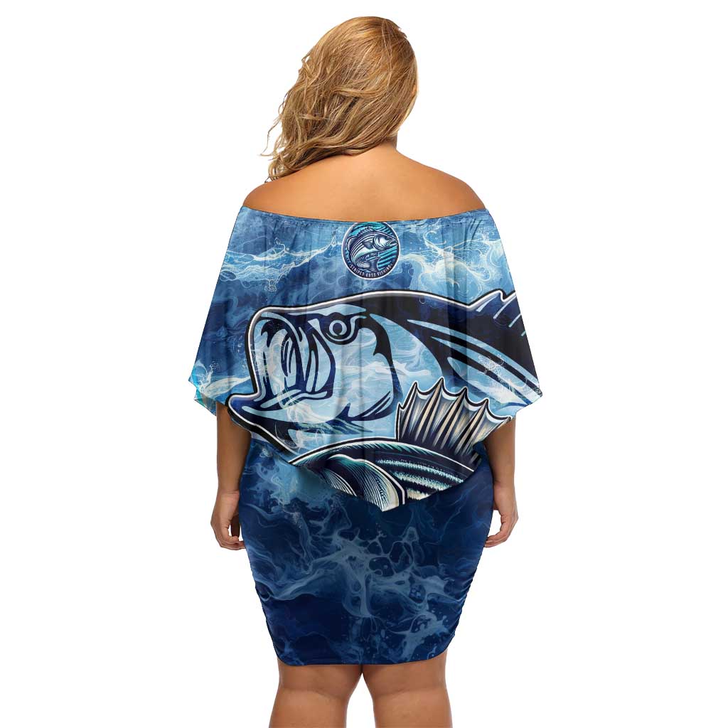 Striped Bass Fishing Off Shoulder Short Dress Ocean Waves