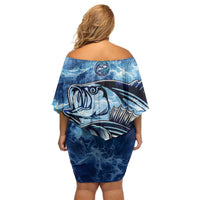 Striped Bass Fishing Off Shoulder Short Dress Ocean Waves