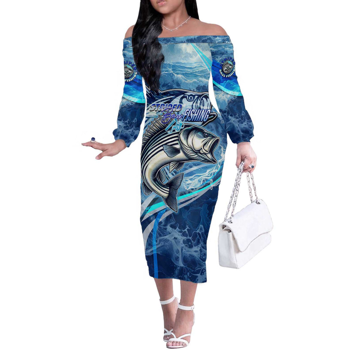 Striped Bass Fishing Off The Shoulder Long Sleeve Dress Ocean Waves