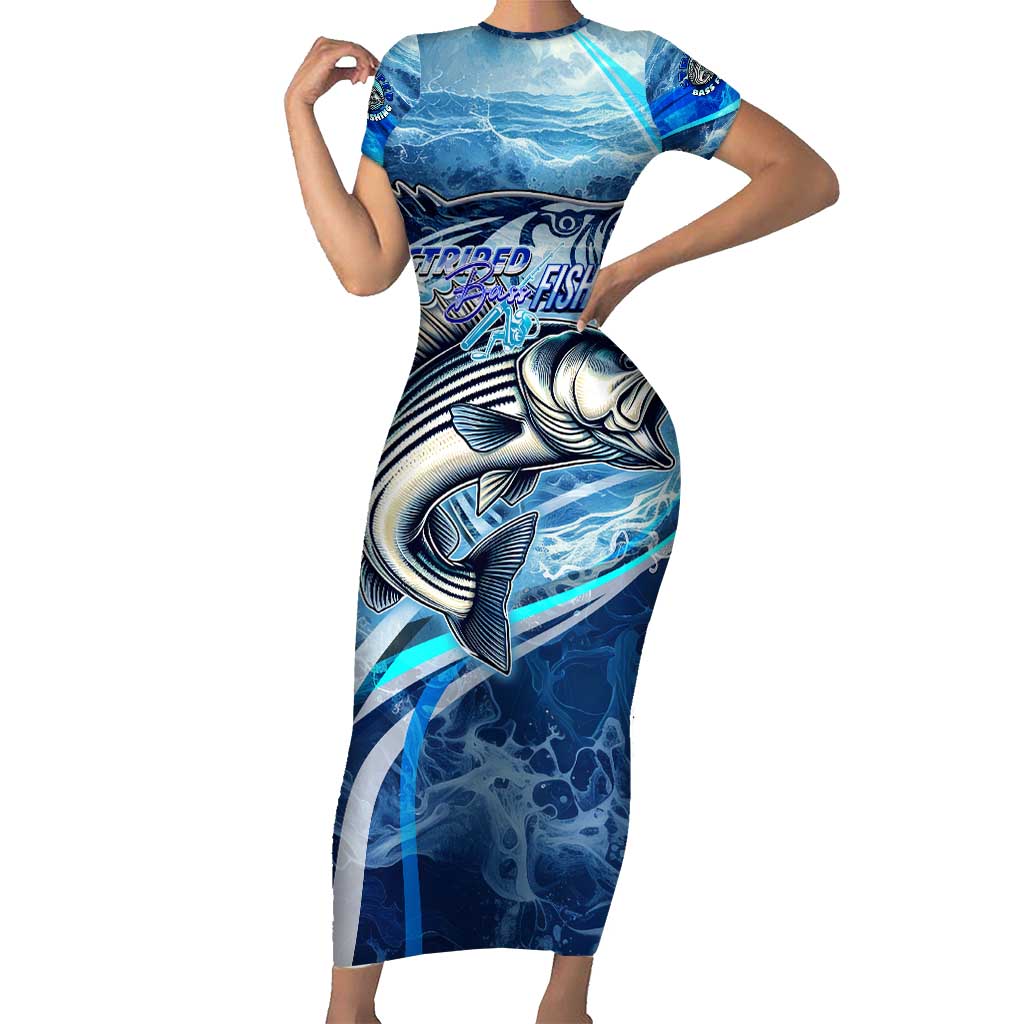 Striped Bass Fishing Short Sleeve Bodycon Dress Ocean Waves