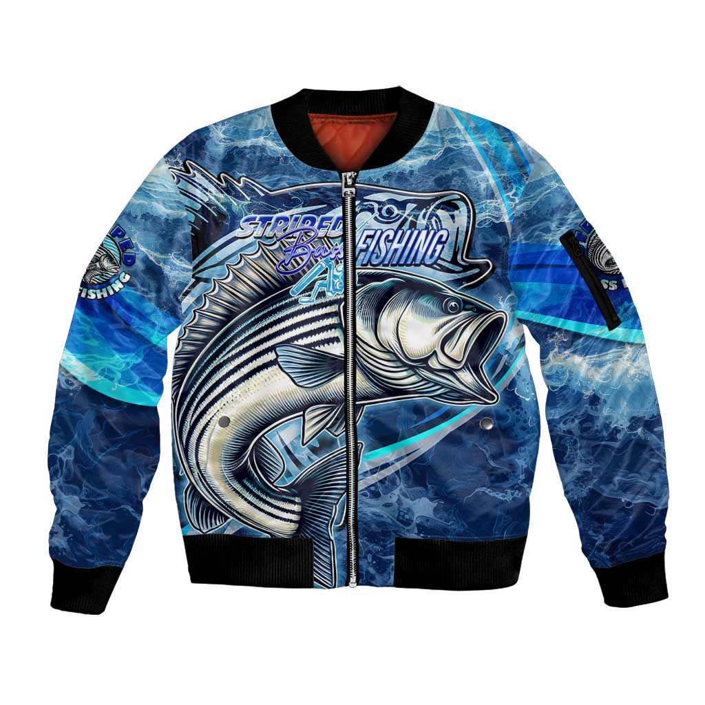 Striped Bass Fishing Sleeve Zip Bomber Jacket Ocean Waves