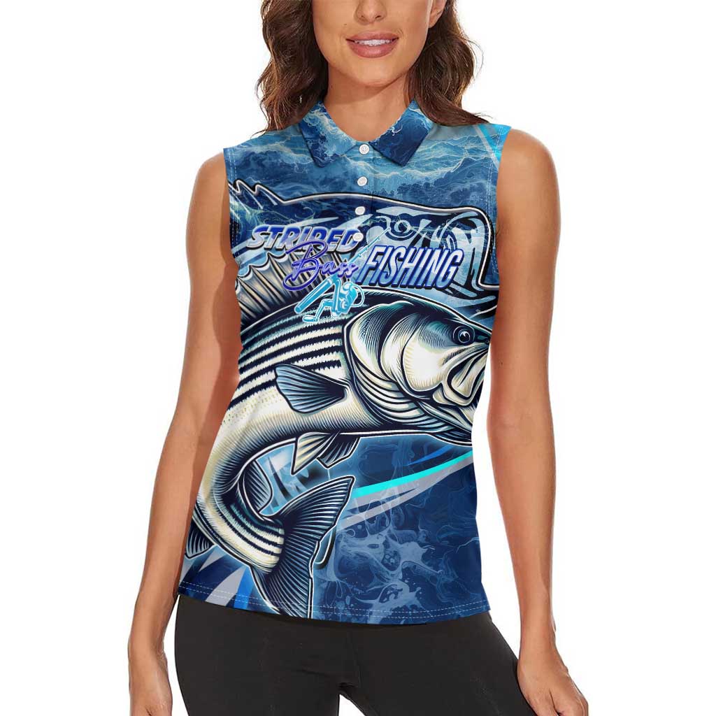 Striped Bass Fishing Women Sleeveless Polo Shirt Ocean Waves