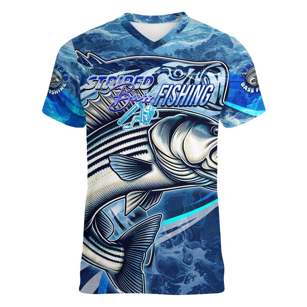 Striped Bass Fishing Women V-Neck T-Shirt Ocean Waves