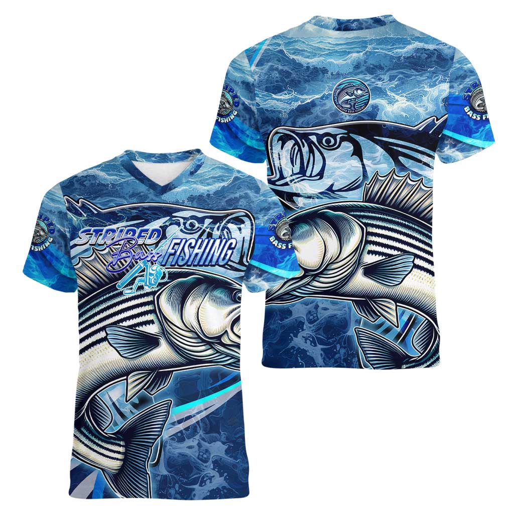 Striped Bass Fishing Women V-Neck T-Shirt Ocean Waves