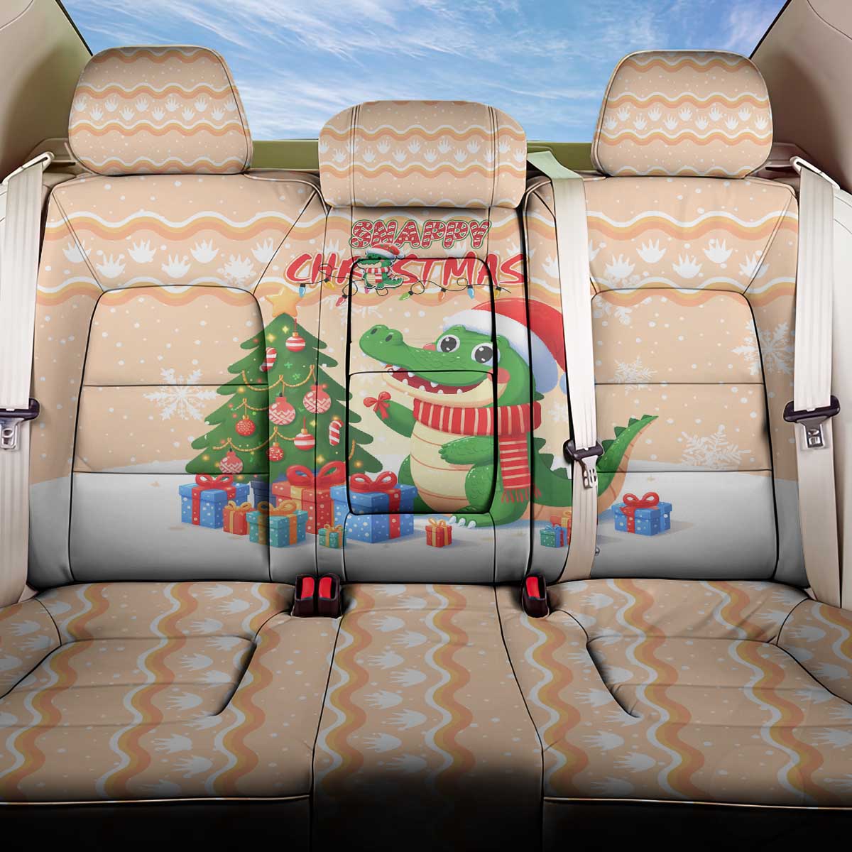 Crocodile Snappy Christmas Back Car Seat Cover Cute Alligator Holiday Tree Cartoon Design - Wonder Print Shop