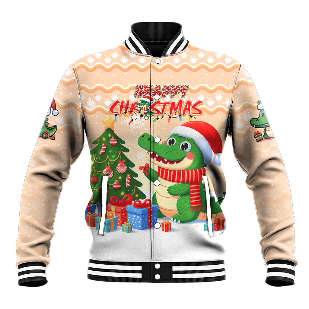 Crocodile Snappy Christmas Baseball Jacket Cute Alligator Holiday Tree Cartoon Design - Wonder Print Shop