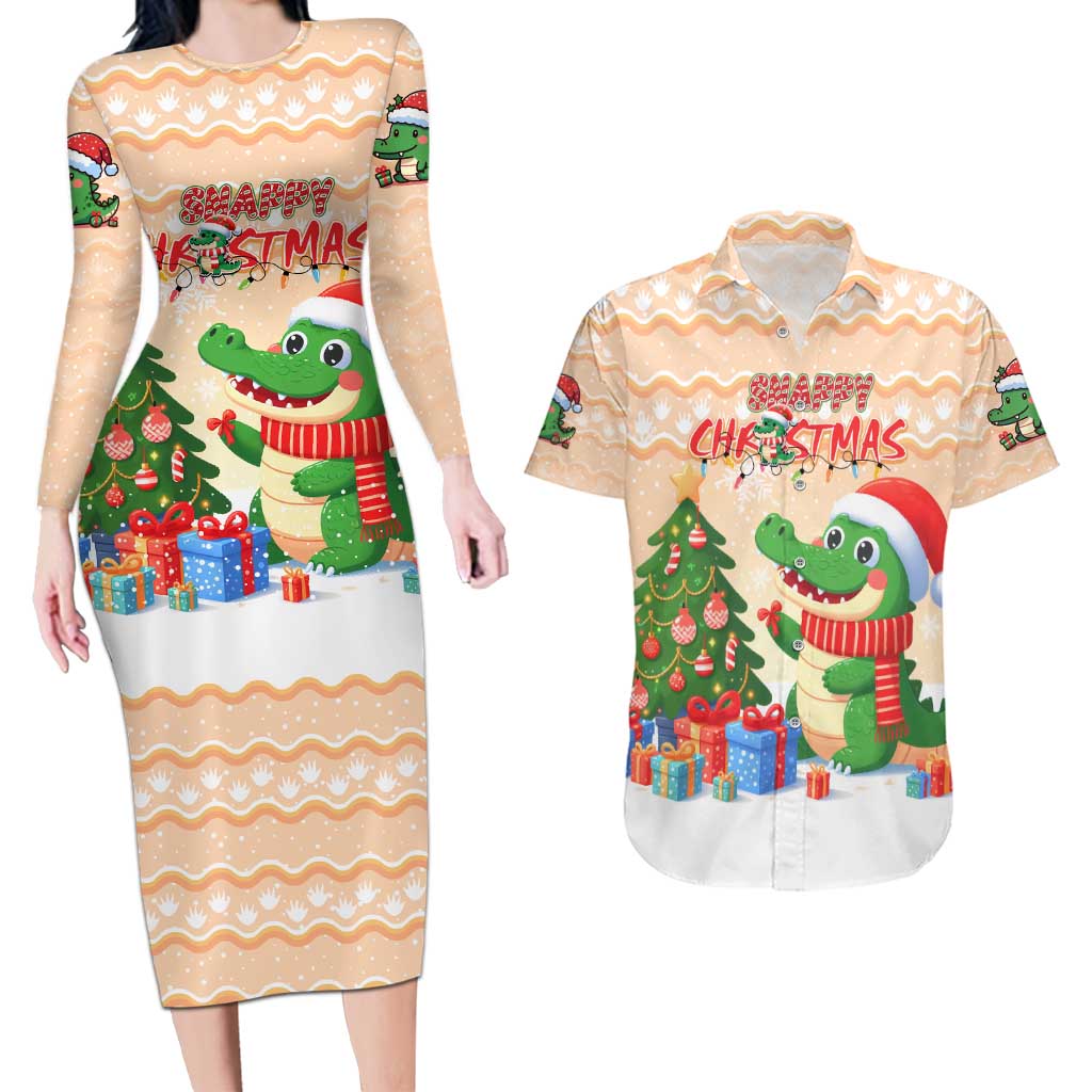 Crocodile Snappy Christmas Couples Matching Long Sleeve Bodycon Dress and Hawaiian Shirt Cute Alligator Holiday Tree Cartoon Design - Wonder Print Shop