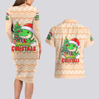 Crocodile Snappy Christmas Couples Matching Long Sleeve Bodycon Dress and Hawaiian Shirt Cute Alligator Holiday Tree Cartoon Design - Wonder Print Shop