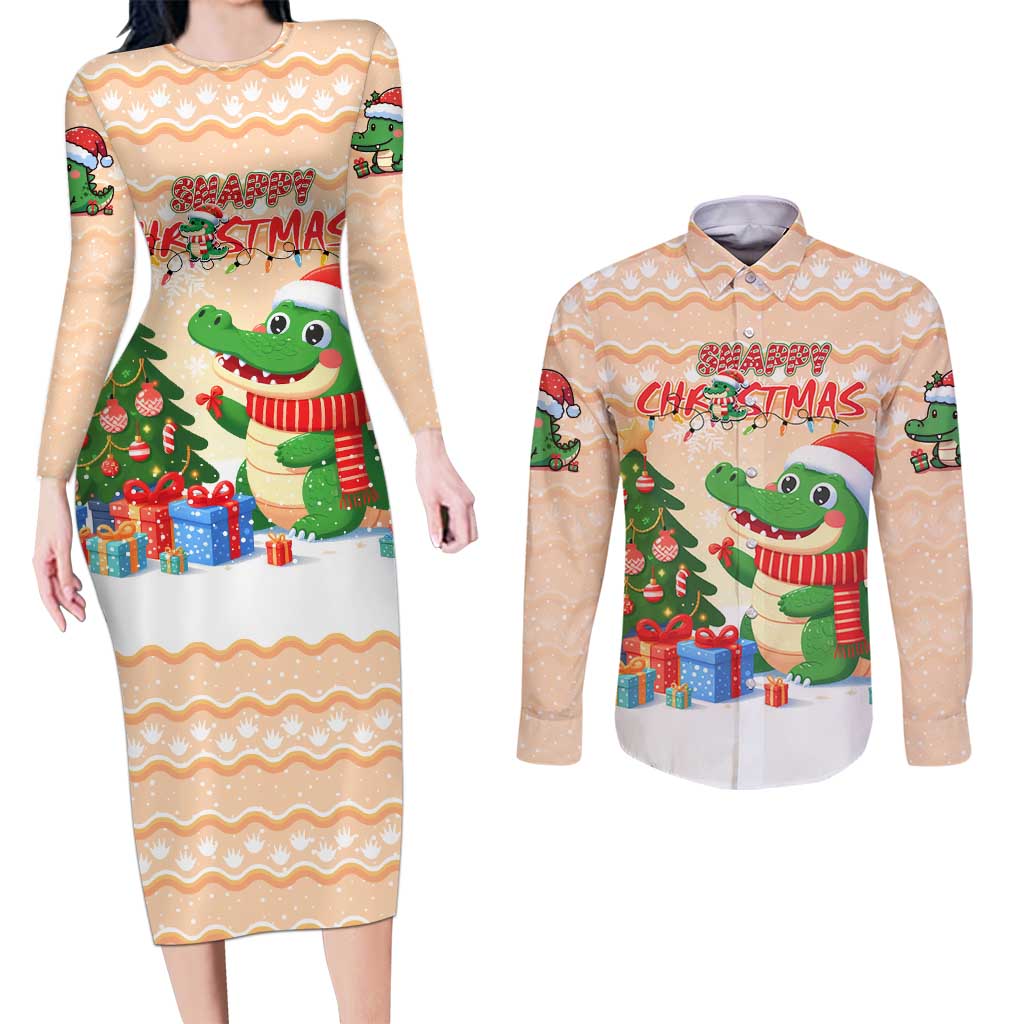 Crocodile Snappy Christmas Couples Matching Long Sleeve Bodycon Dress and Long Sleeve Button Shirt Cute Alligator Holiday Tree Cartoon Design - Wonder Print Shop
