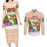 Crocodile Snappy Christmas Couples Matching Long Sleeve Bodycon Dress and Long Sleeve Button Shirt Cute Alligator Holiday Tree Cartoon Design - Wonder Print Shop