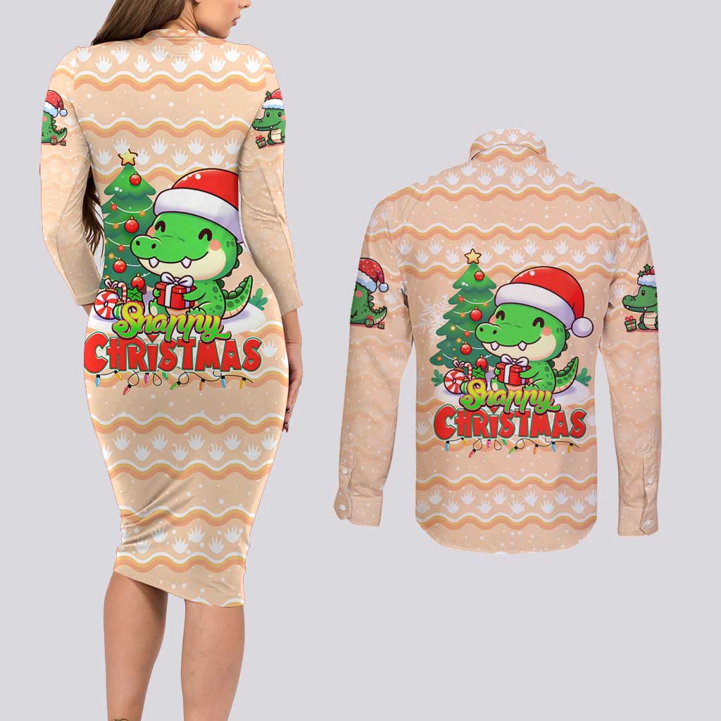 Crocodile Snappy Christmas Couples Matching Long Sleeve Bodycon Dress and Long Sleeve Button Shirt Cute Alligator Holiday Tree Cartoon Design - Wonder Print Shop