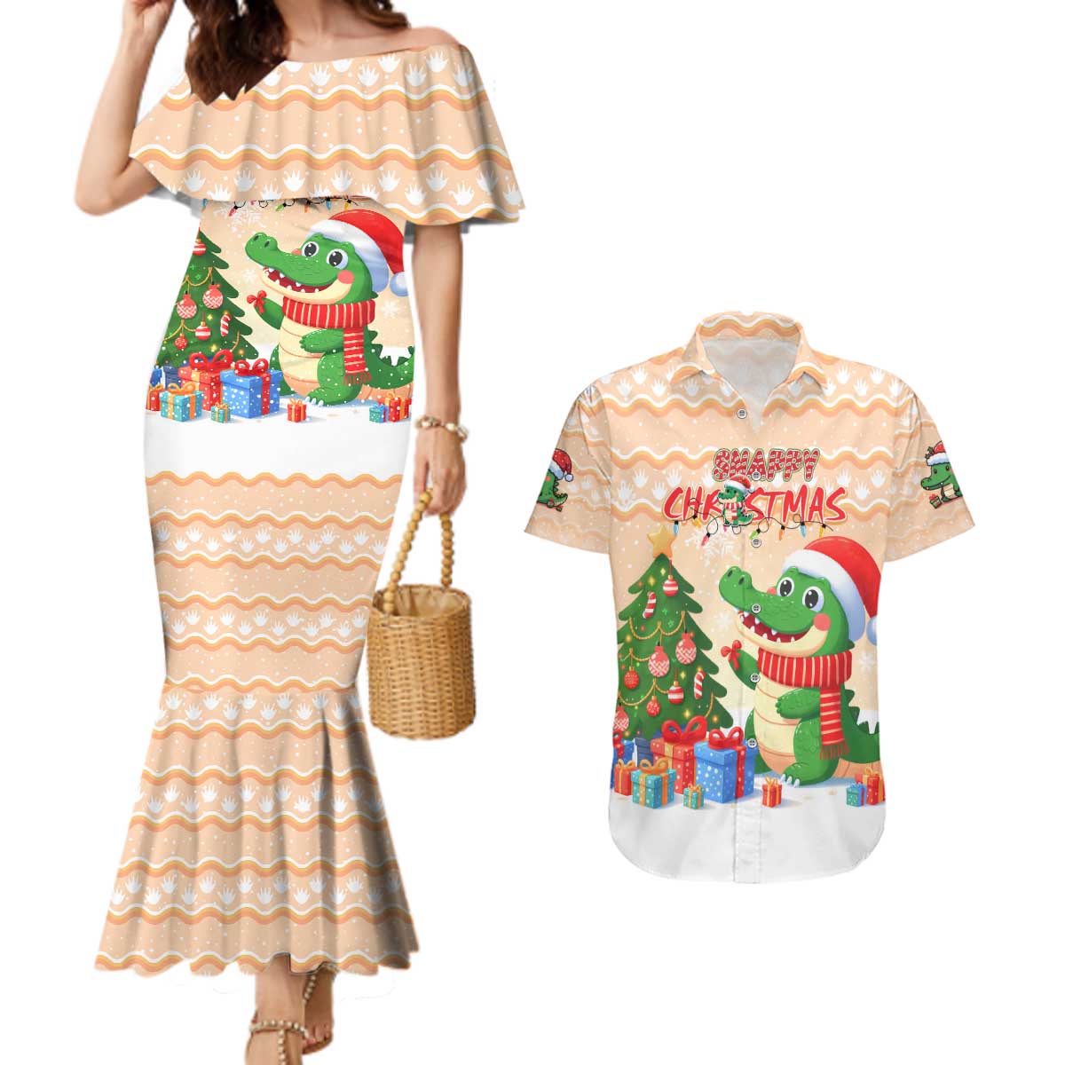 Crocodile Snappy Christmas Couples Matching Mermaid Dress and Hawaiian Shirt Cute Alligator Holiday Tree Cartoon Design - Wonder Print Shop