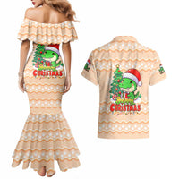 Crocodile Snappy Christmas Couples Matching Mermaid Dress and Hawaiian Shirt Cute Alligator Holiday Tree Cartoon Design - Wonder Print Shop