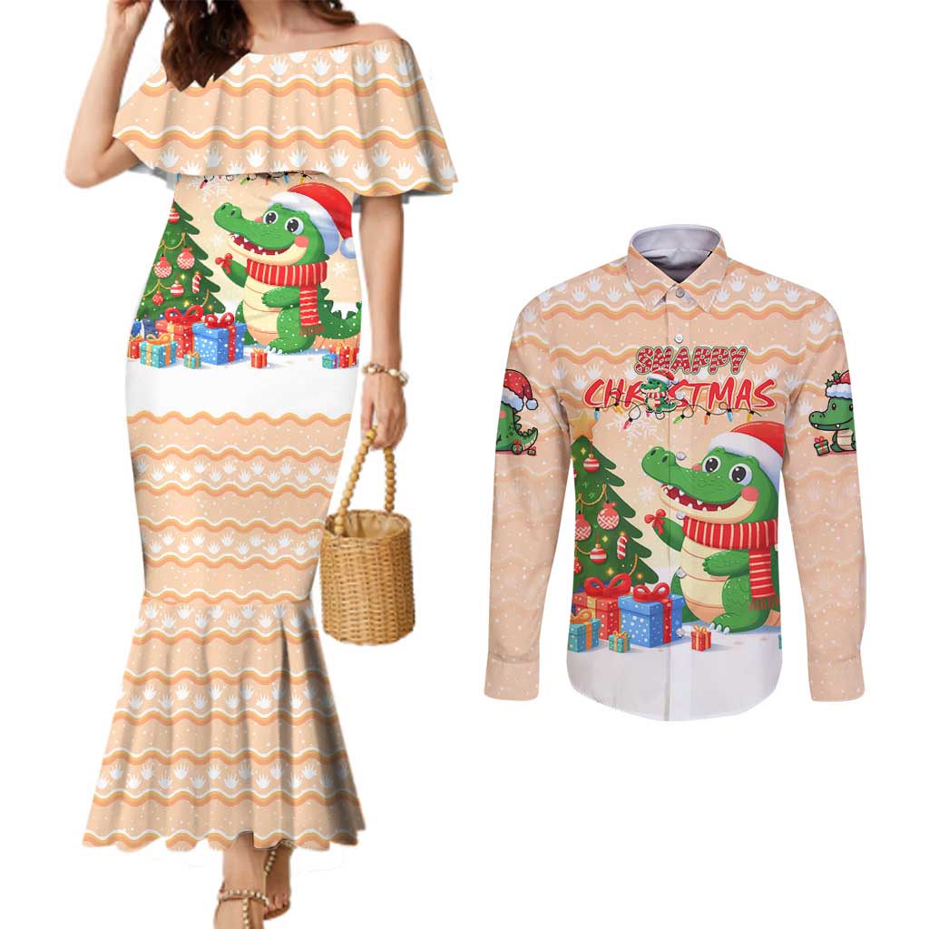 Crocodile Snappy Christmas Couples Matching Mermaid Dress and Long Sleeve Button Shirt Cute Alligator Holiday Tree Cartoon Design - Wonder Print Shop