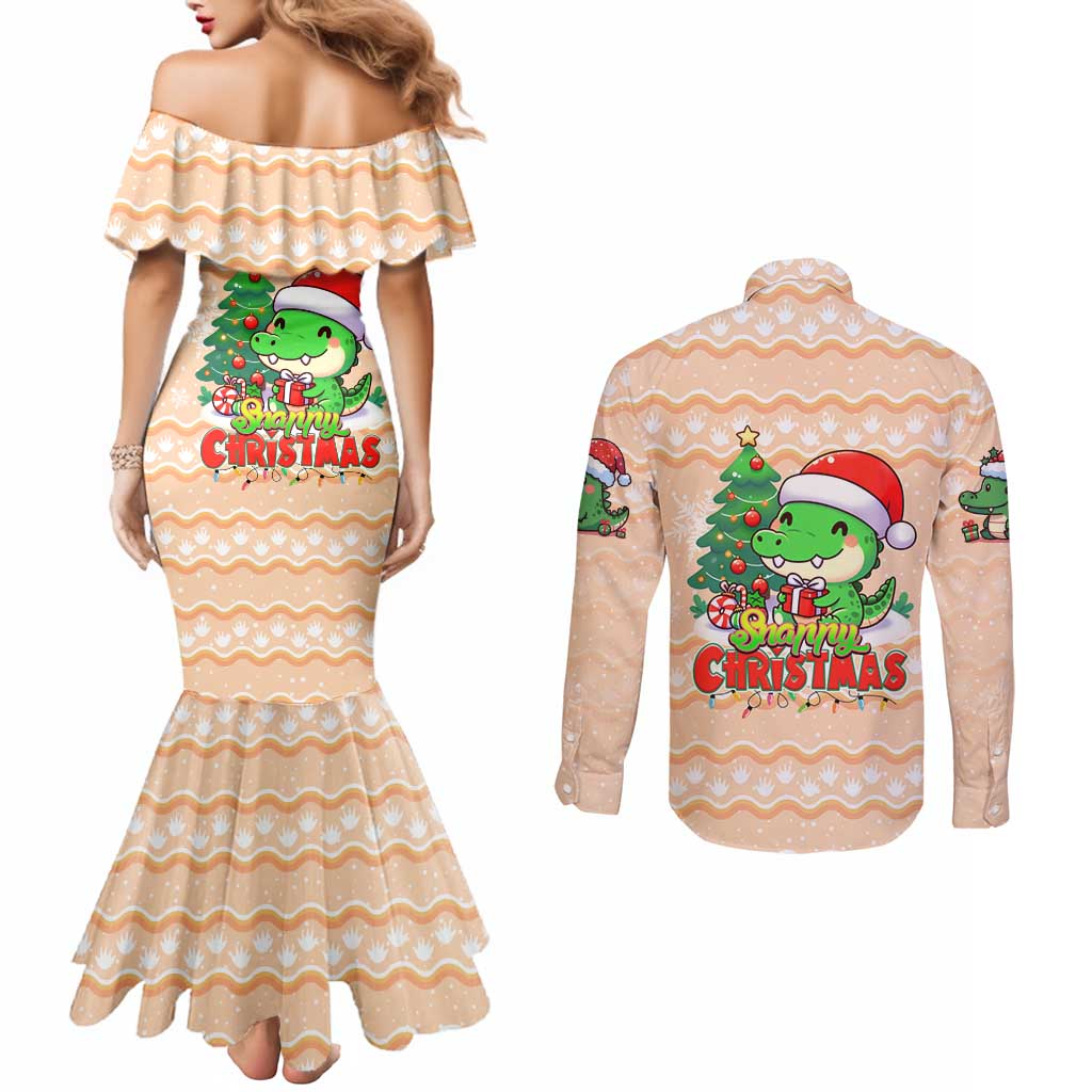 Crocodile Snappy Christmas Couples Matching Mermaid Dress and Long Sleeve Button Shirt Cute Alligator Holiday Tree Cartoon Design - Wonder Print Shop