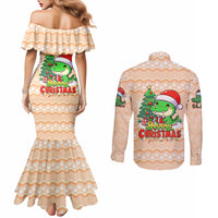 Crocodile Snappy Christmas Couples Matching Mermaid Dress and Long Sleeve Button Shirt Cute Alligator Holiday Tree Cartoon Design - Wonder Print Shop