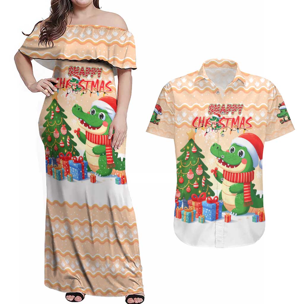 Crocodile Snappy Christmas Couples Matching Off Shoulder Maxi Dress and Hawaiian Shirt Cute Alligator Holiday Tree Cartoon Design - Wonder Print Shop