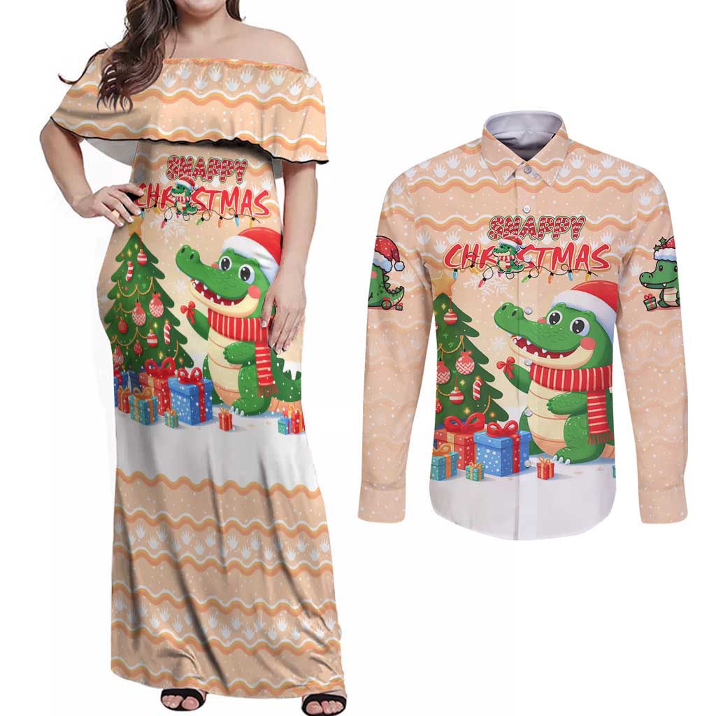 Crocodile Snappy Christmas Couples Matching Off Shoulder Maxi Dress and Long Sleeve Button Shirt Cute Alligator Holiday Tree Cartoon Design - Wonder Print Shop