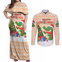 Crocodile Snappy Christmas Couples Matching Off Shoulder Maxi Dress and Long Sleeve Button Shirt Cute Alligator Holiday Tree Cartoon Design - Wonder Print Shop