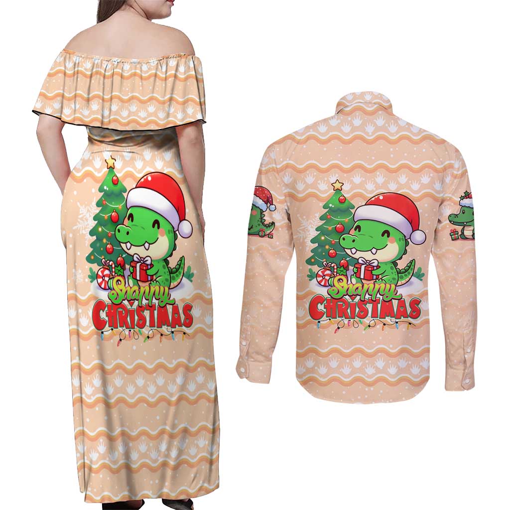 Crocodile Snappy Christmas Couples Matching Off Shoulder Maxi Dress and Long Sleeve Button Shirt Cute Alligator Holiday Tree Cartoon Design - Wonder Print Shop