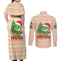 Crocodile Snappy Christmas Couples Matching Off Shoulder Maxi Dress and Long Sleeve Button Shirt Cute Alligator Holiday Tree Cartoon Design - Wonder Print Shop