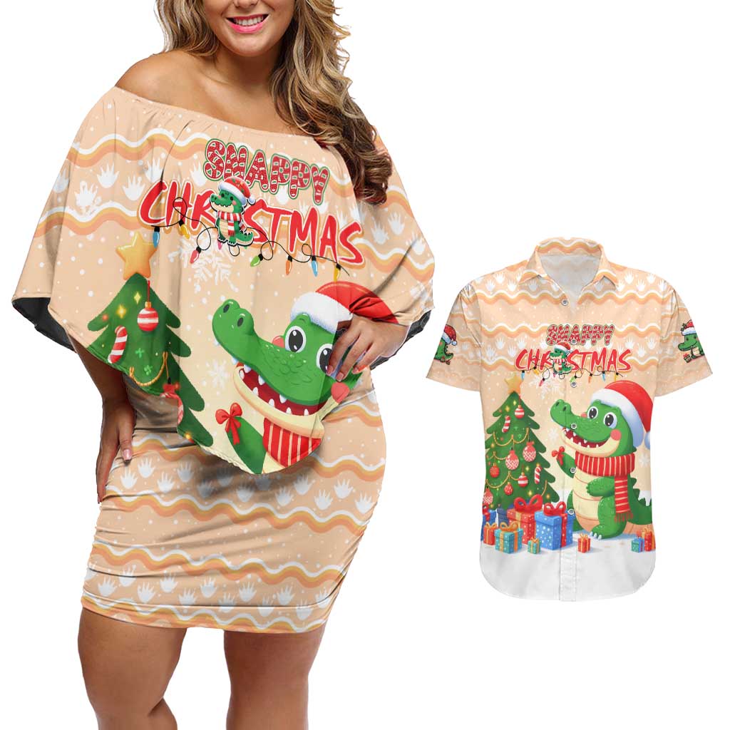 Crocodile Snappy Christmas Couples Matching Off Shoulder Short Dress and Hawaiian Shirt Cute Alligator Holiday Tree Cartoon Design - Wonder Print Shop