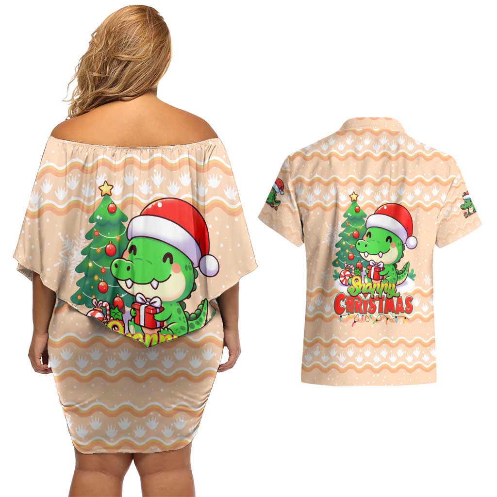 Crocodile Snappy Christmas Couples Matching Off Shoulder Short Dress and Hawaiian Shirt Cute Alligator Holiday Tree Cartoon Design - Wonder Print Shop