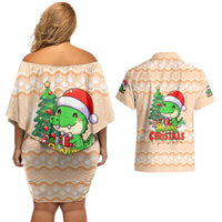 Crocodile Snappy Christmas Couples Matching Off Shoulder Short Dress and Hawaiian Shirt Cute Alligator Holiday Tree Cartoon Design - Wonder Print Shop