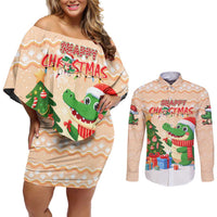 Crocodile Snappy Christmas Couples Matching Off Shoulder Short Dress and Long Sleeve Button Shirt Cute Alligator Holiday Tree Cartoon Design - Wonder Print Shop