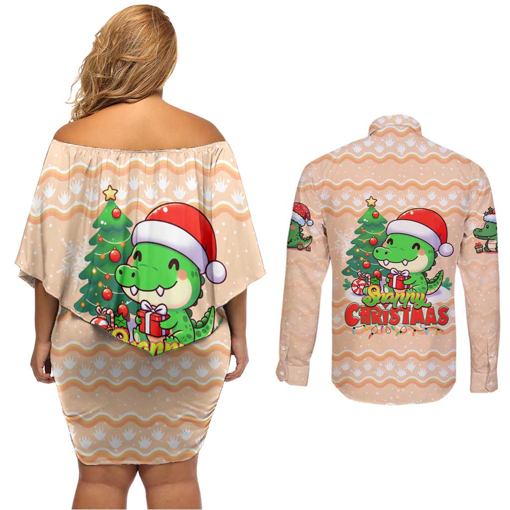 Crocodile Snappy Christmas Couples Matching Off Shoulder Short Dress and Long Sleeve Button Shirt Cute Alligator Holiday Tree Cartoon Design - Wonder Print Shop