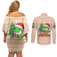 Crocodile Snappy Christmas Couples Matching Off Shoulder Short Dress and Long Sleeve Button Shirt Cute Alligator Holiday Tree Cartoon Design - Wonder Print Shop