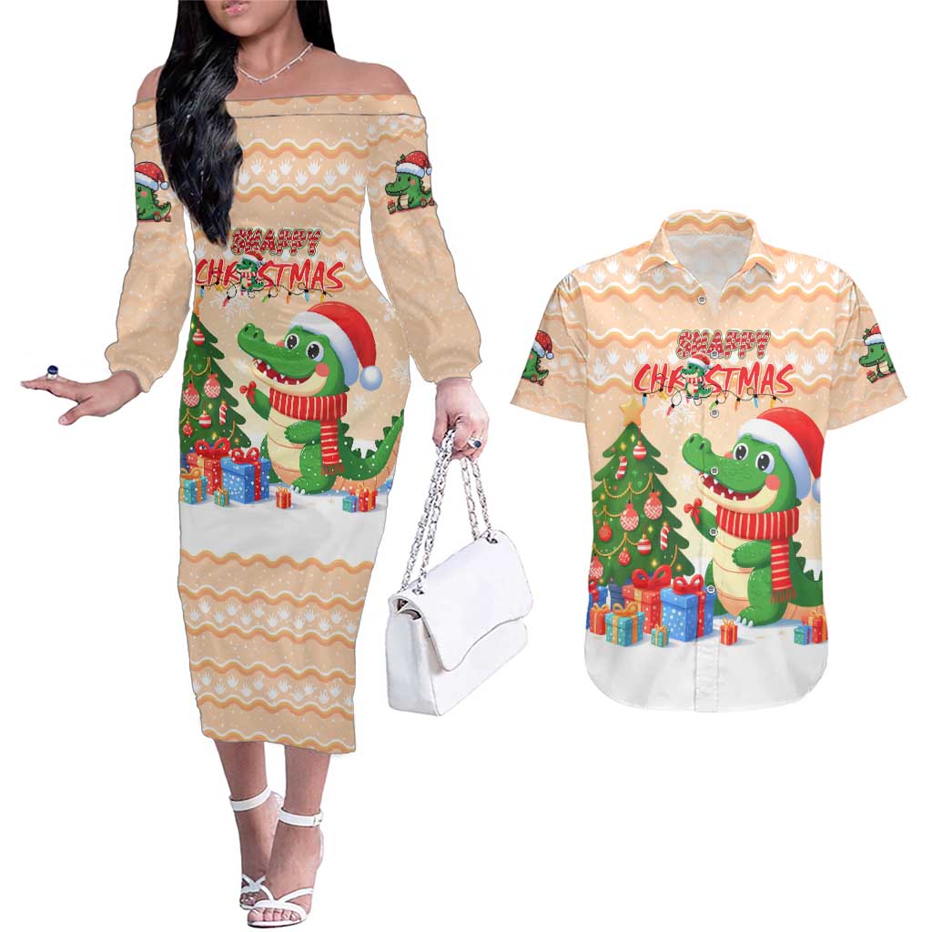 Crocodile Snappy Christmas Couples Matching Off The Shoulder Long Sleeve Dress and Hawaiian Shirt Cute Alligator Holiday Tree Cartoon Design - Wonder Print Shop