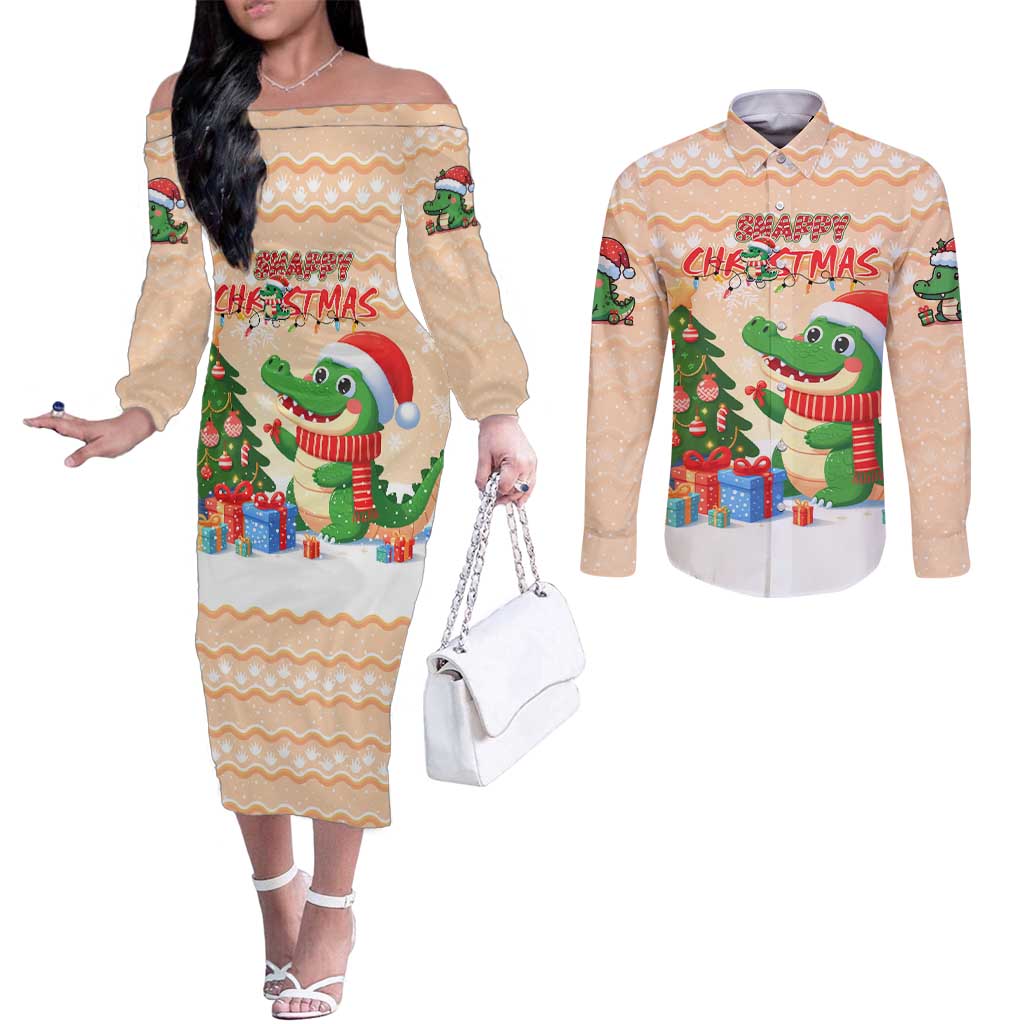 Crocodile Snappy Christmas Couples Matching Off The Shoulder Long Sleeve Dress and Long Sleeve Button Shirt Cute Alligator Holiday Tree Cartoon Design - Wonder Print Shop