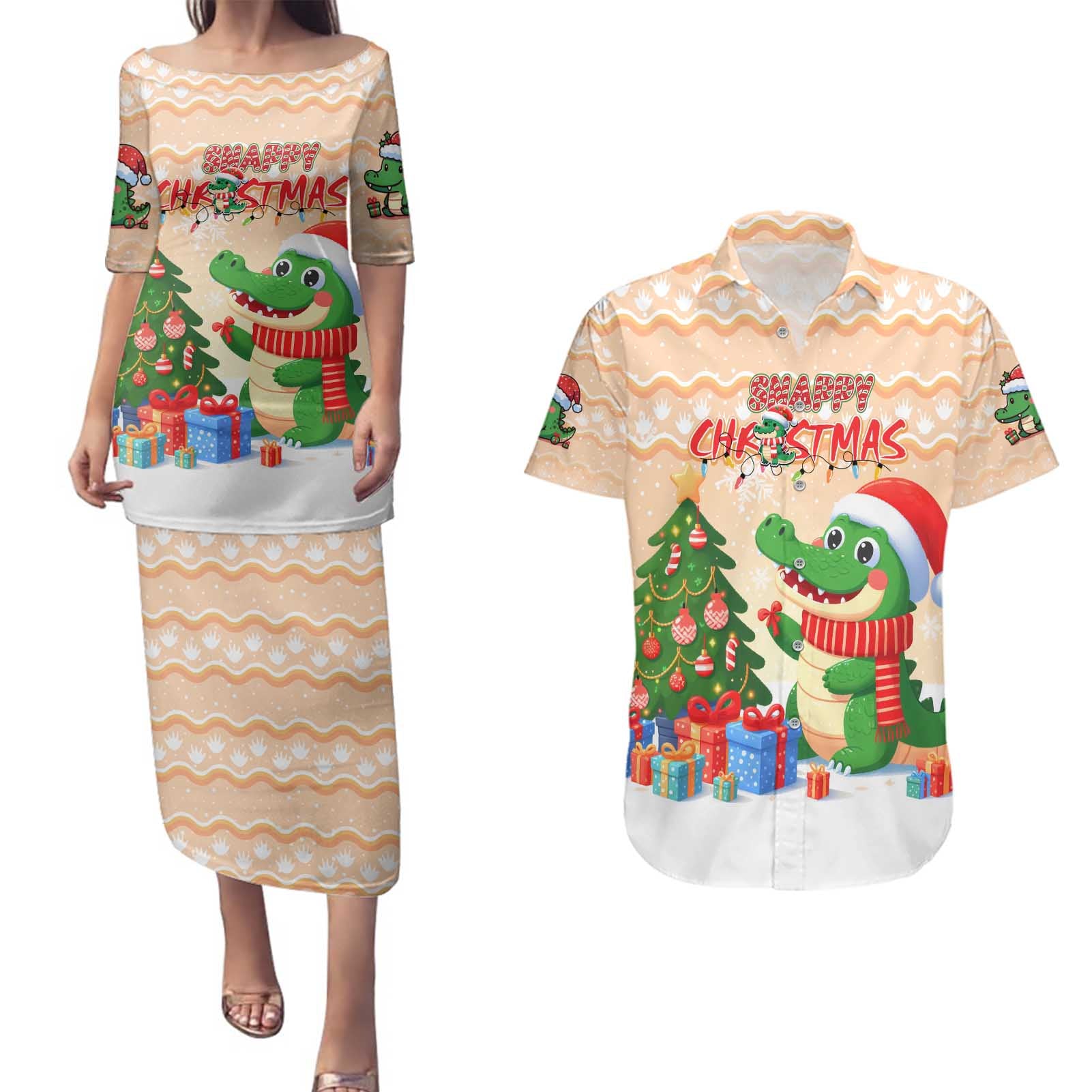 Crocodile Snappy Christmas Couples Matching Puletasi and Hawaiian Shirt Cute Alligator Holiday Tree Cartoon Design - Wonder Print Shop